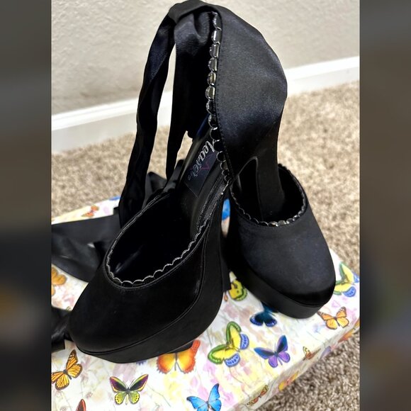 90s Pleasers Black Satin Dolly Platform Heels Ballet Ribbon Goth Formal Witch 8 - Picture 1 of 10